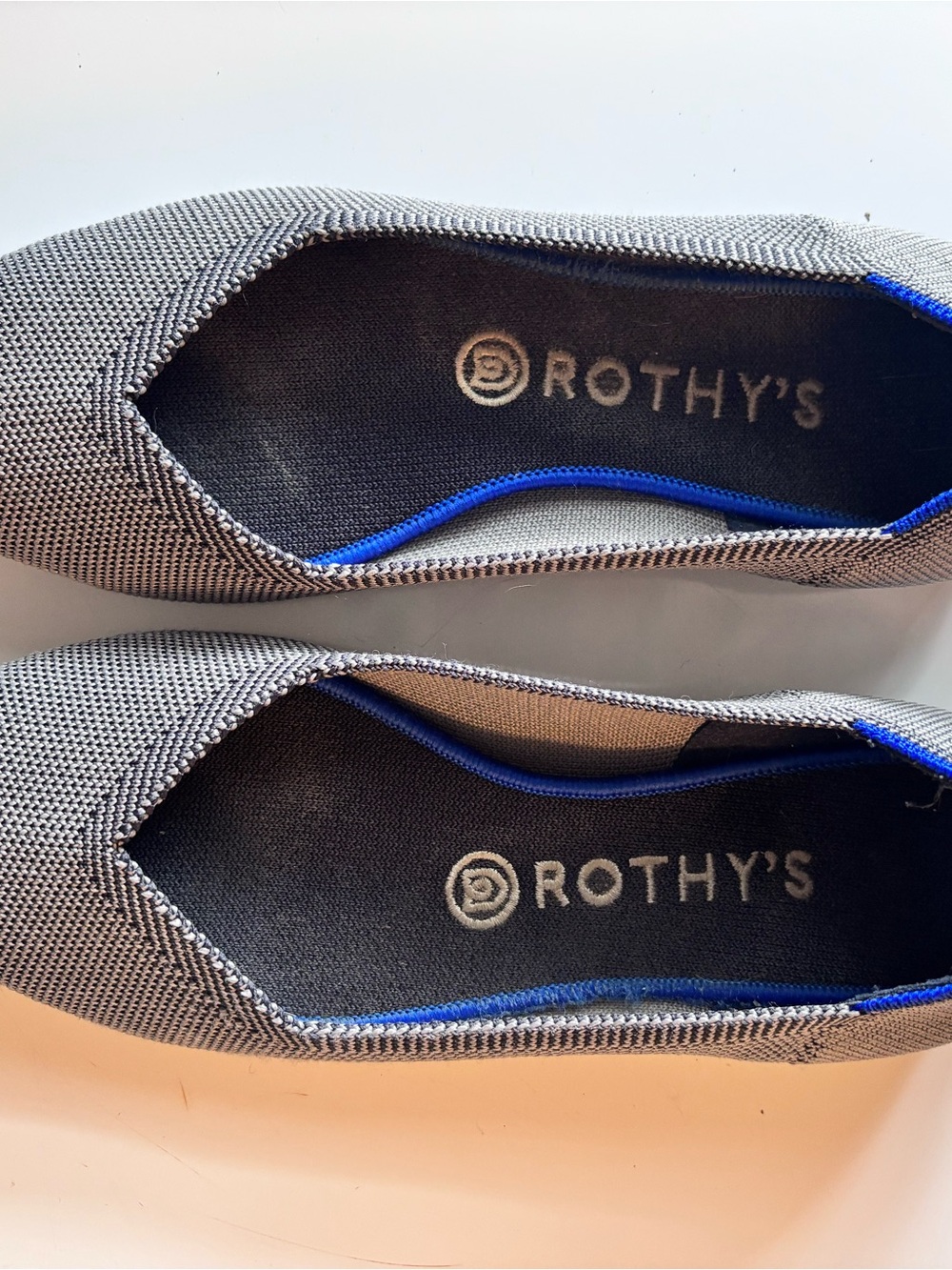 Rothy's Gray Knit Pointed-Toe Flats with Blue Trim